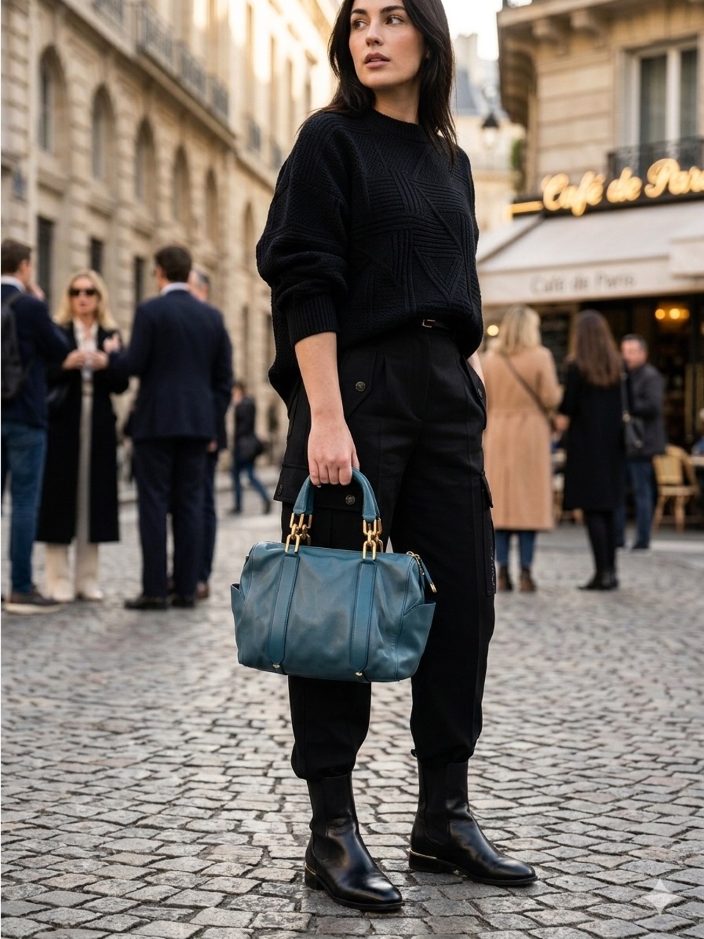 Nina Ricci Teal Blue Leather Cite MM Top Handle Satchel Bag with Strap